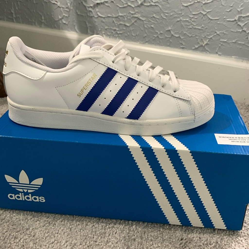 Adidas Superstar; White & Blue With Gold. Brand New In Box; Womens 9